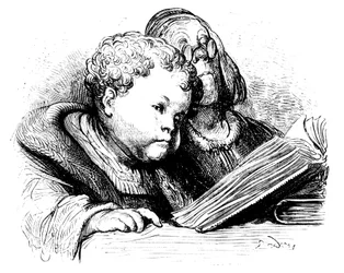 A educação de Gant Gargantua: em criança, aprende a ler com o seu preceptor. Ilustração de Gustave Dore para a obra de François Rabelais.