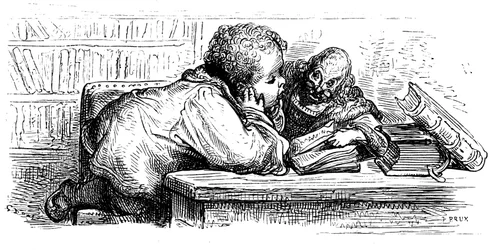 A educação de Gant Gargantua: aprende a ler com o seu preceptor. Ilustração de Gustave Dore para a obra de François Rabelais.