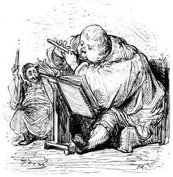 Educação de Gargantua: o jovem cavalheiro aprende a tocar flauta com o seu professor de música. Gravura de Gustave Dore ilustrando a obra de Rabelais.