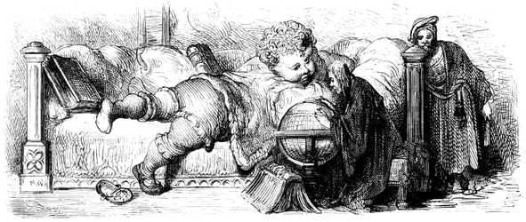 A educação de Gargântua: o gigante, uma criança, deitado na sua cama, estuda um globo com os seus professores. Ilustração de Gustave Dore para a obra de François Rabelais.