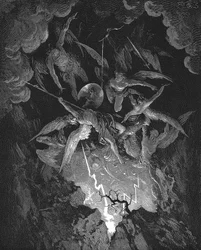 Ilustração de Gustave Dore para o poema épico de John Milton que dramatiza a queda do Homem, Paraíso Perdido (1667) Livro VI. Caindo pela brecha na muralha do céu, os anjos rebeldes precipitam-se no inferno. Gravura em madeira de 1866