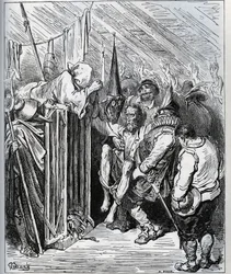 Como se livrar do Dom Quixote. As pessoas da loja do hotel decidiram prendê-lo fazendo-o acreditar num novo encantamento e num novo teste de cavalheirismo - de "Don Quixote de la Mancha" de Miguel Cervantes (1547-1616) (Don Quixote) - Lenhador depois de de
