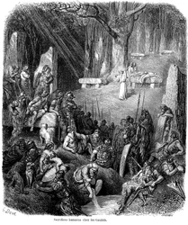 Sacrifício humano entre os gauleses - druidas, dólmen, menir - gravura de Gustave Dore em "L