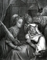 Ilustração de Gustave Dore para um conto de Charles Perrault: A Bela Adormecida. A princesa vai picar-se no rabo de gato de uma velha que foge no fuso.