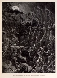 Ilustração de cavaleiros em batalha durante uma noite de luar.