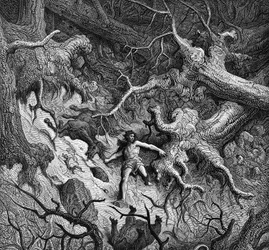 Ilustração de "" O Furioso Roland "" (Orlando Furioso) de Ludovico Ariosto (Arioste) (1474 - 1533): Roland, completamente furioso, destrói a floresta e os animais. Ilustração de Gustave Doré. Canto 24