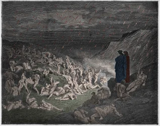 Inferno, Canto 14: Os violentos, atormentados pela chuva de fogo, ilustração de "A Divina Comédia" de Dante Alighieri