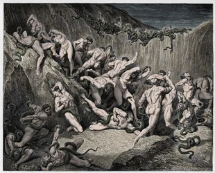Inferno, canto 24: Os ladrões atormentados por serpentes, ilustração de «A Divina Comédia» de Dante Alighieri, 1885