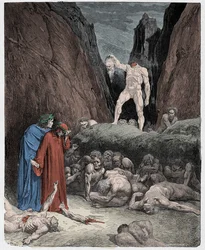 Inferno, Canto 28 : A cabeça decepada de Bertran de Born fala com Dante, ilustração de "A Divina Comédia" de Dante Alighieri