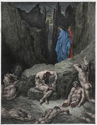 Inferno, canto 29: Virgílio repreende a curiosidade de Dante, ilustração de «A Divina Comédia» de Dante Alighieri, 1885