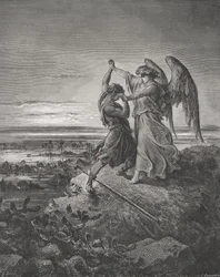 Jacob lutando com o anjo, Génesis 32:24-32, ilustração de «A Santa Bíblia» de Doré, gravada por Laplante, 1866