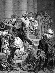 Jesus Cristo persegue os mercadores do Templo. Ilustração de Gustave Doré.