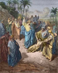 Jesus Cristo guerreando um jovem possuidor do Demônio - Jesus curando o lunático - Gravura colorida depois de Gustave Dore.