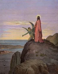 Jesus no deserto, sujeito à tentação do diabo - A tentação de Cristo - Satanás tentou Jesus - gravura de Gustave Doré - coloração posterior
