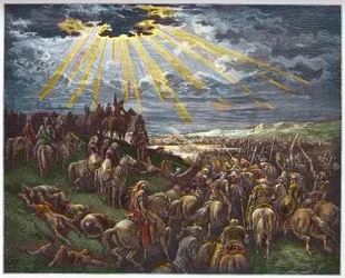 Josué Comandando o Sol a Ficar Quieto - Josue arrete le soleil - gravura em "The Bible illustree" de Gustave Dore (1832-1883) - Gravura de "The Dore Bible"