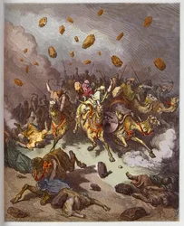 A vitória de Josué sobre os amorreus - Gravura na «Bíblia ilustrada» de Gustave Doré (1832-1883) - Gravura de «A Bíblia Doré»
