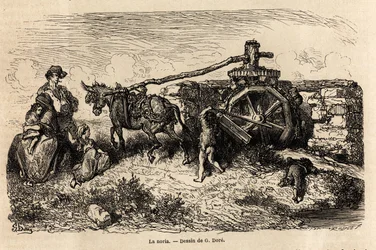 La noria, uma máquina hidráulica para elevar o nível da água utilizando a energia produzida pela corrente, desenho de Gustave Dore (1832-1883), para ilustrar sua viagem à Espanha, com C. Davillier, em 1862. Gravura em "Le tour du monde", editado por Edouar