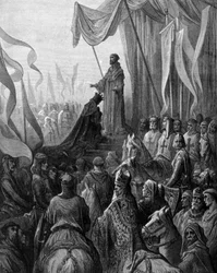 Luís VII (1120 - 1180) ajoelhado diante de São Bernardo de Clairvaux (São Bernardo de Chiaravalle) em Vezelay. Gravura de Gustave Doré. Século XIX