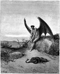 Lúcifer (Satanás, anjo decaído, caído do céu para a Terra) encontra a serpente. Ilustração de Gustave Doré para «Paraíso Perdido» de John Milton (1608-1674). Gravura de 1866. Colecção particular