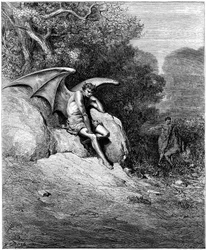 Lúcifer (Satanás, anjo caído, caído do céu para a Terra), representado a corromper Adão e Eva. Ilustração de Gustave Doré para «Paraíso Perdido», de John Milton (1608-1674). Gravura de 1866. Colecção particular