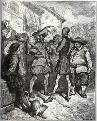 Maese Pedro e o macaco adivinho - de "Dom Quixote de la Mancha" de Miguel Cervantes (1547-1616) (Dom Quixote) - Lenhador após desenho de Gustave Dore