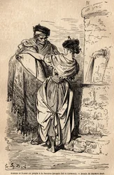 Homem e mulher do povo tem a fonte, em Carmona, aldeia perto de Sevilha. Esboço tirado ao vivo por Gustave Dore (1832-1883). Gravura para ilustrar a viagem na Espanha, em 1862, de Charles Davillier e Gustave Dore, em "Le tour du monde, nouveau