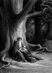 Merlim e Viviane na floresta de Brocéliande (Ciclo dos cavaleiros da Távola Redonda) - em «Viviane» de Alfred Tennyson, ilustração de G. Doré