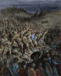 Idade Média: A primeira cruzada. Cruzada Godefroy de Bouillon derrotando as forças muçulmanas (Turcas do Sultanato de Rum) do Sultão Kilij Arslan a Dorylee (Dorylaeum, Dorylaion) na Ásia Menor