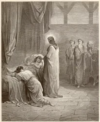 Milagre: Jesus Cristo curou a filha de Jairo. Gravura da Bíblia ilustrada por Gustave Doré (1832-1883)