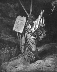 Moisés desce do monte Sinai com as tábuas da lei (Dez Mandamentos). Êxodo 5.35. Ilustração de Gustave Doré (1832-1883) para A Bíblia (Londres 1866). Xilogravura.