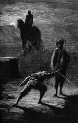 Duelo noturno ao luar entre o Barão de Sigognac e Jacquemin Lampourde, sob a estátua equestre do Rei de Bronze. Gravura de Gustave Dore ilustrando o romance de Theophile Gautier "O Capitão Fracasse". Edição Charpentier 1863.
