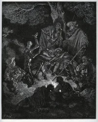Luz nocturna onde Dom Quixote conta a história do mundo às cabras e a um Sancho Panza - de "Dom Quixote de la Mancha" de Miguel Cervantes (1547-1616) (Dom Quixote) - Lenhador após desenho de Gustave Dore