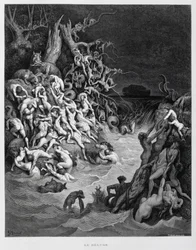 Noé e a sua arca escapam quando o grande dilúvio envolve a Terra, Ilustração da Bíblia de Dore