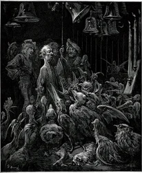 Na ilha de Sonnante, Panurge faz cantar os pássaros tocando os sinos - ilustração de Gustave Dore para as obras completas de François Rabelais - Livro Quinto - Pantagruel