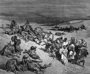 "Pestilência", uma das sete pragas do Egipto: Êxodo. Ilustração de Gustave Dore (1832-1883), pintor francês e ilustrador de livros para The Bible (Londres, 1866). Gravura em madeira.
