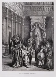 A rainha Ester desmaia perante o rei, Ilustração da Bíblia de Dore