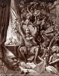 Representação de Dom Quixote na sua biblioteca, rodeado pelas criaturas dos seus livros. Gravura de Gustave Doré (1832-1883) para «O engenhoso fidalgo Dom Quixote de La Mancha (Quixote - Quijote)» de Miguel de Cervantes (1547-1616), 1863, colecção