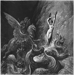 Ruggiero salva Angélica, ilustração do Canto X de «Orlando Furioso» de Ludovico Ariosto (1474-1533), publicada em 1888, Paris