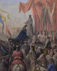 São Bernardo de Clairvaux (São Bernardo de Chiaravalle, Bernardo de Fontaine 1090-1153) pregando a segunda Cruzada na presença do Rei Luís VII e da Rainha Alienígena da Aquitânia e Abbe Suger (Suger de Saint Denis