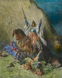 Saladino, o Magnífico - rei Saladino (1138-1193) (Salah al Din Yusuf al-Ayyubi (al Ayyubi), comandante das forças muçulmanas contra as cruzadas - gravura a cores do século XIX por Gustave Doré - de História das Cruzadas, de Joseph-François Michaud