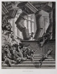 Sansão destrói o templo de Baal, Ilustração da Bíblia de Dore