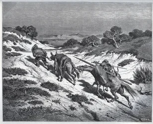 Sancho Pança, Dom Quixote e as suas montadas após a derrota contra os Yangers - de «Dom Quixote de la Mancha», de Miguel de Cervantes (1547-1616) - Xilogravura a partir de um desenho de Gustave Doré