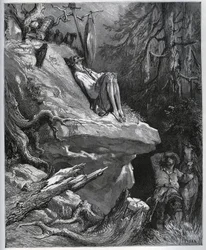Sancho Panza encontra seu mestre, sempre em penitência - de "Dom Quixote de la Mancha" de Miguel Cervantes (1547-1616) (Dom Quixote) - Lenhador após desenho de Gustave Dore