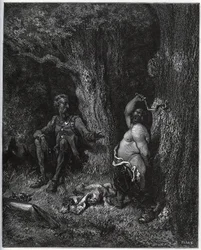 Sancho Panza voa na frente de Dom Quixote para satisfazer o desejo de Merlin e assim desencantar Dulcinee de Toboso. Dom Quixote o exorta a moderar os seus ardores - de "Dom Quixote de la Mancha" de Miguel Cervantes (1547-1616) (Dom Quixote) - Woodcut