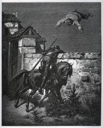 Sancho Panza é enganado, e Dom Quixote não pode intervir - de "Dom Quixote de la Mancha" de Miguel Cervantes (1547-1616) (Dom Quixote) - Lenhador após desenho de Gustave Dore