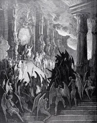 Satanás em conselho, do Livro I de «Paraíso Perdido» de John Milton (1608-74), gravado por Stéphane Pannemaker (1847-1930), c. 1868