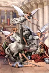 Conjunto de postais educativos bíblicos dos anos 50, realizados a partir das Belas Artes: aqui depois de "Heliodoro expulso do Templo" de Gustave Dore