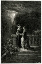 Sigognac e Isabelle: amantes finalmente unidos ao luar. No final, o amor triunfa! Gravura de Gustave Dore ilustrando o romance picaresco de capa e espada de Theophile Gautier "Le capitaine Fracasse", edição Charpentier 1863.
