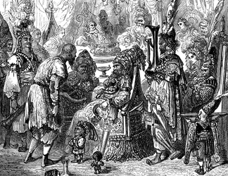 Sindbad, o marinheiro (Sinbad) - conto das mil e uma (1001) noites - ilustração de Gustave Dore (pormenor) - edição Maxwell 1865 - Prólogo: um pobre portador (Hinbad) apresenta-se a Sindbad, que se tornou velho e rico. Este último conta-lhe