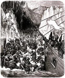 Sindbad, o marinheiro (Sinbad) - conto das mil e uma (1001) noites - ilustração de Gustave Dore - Terceira viagem: um tempete atira o navio de Sindbad e os seus companheiros para uma ilha onde são assaltados por uma multidão de seres minúsculos e hediondos